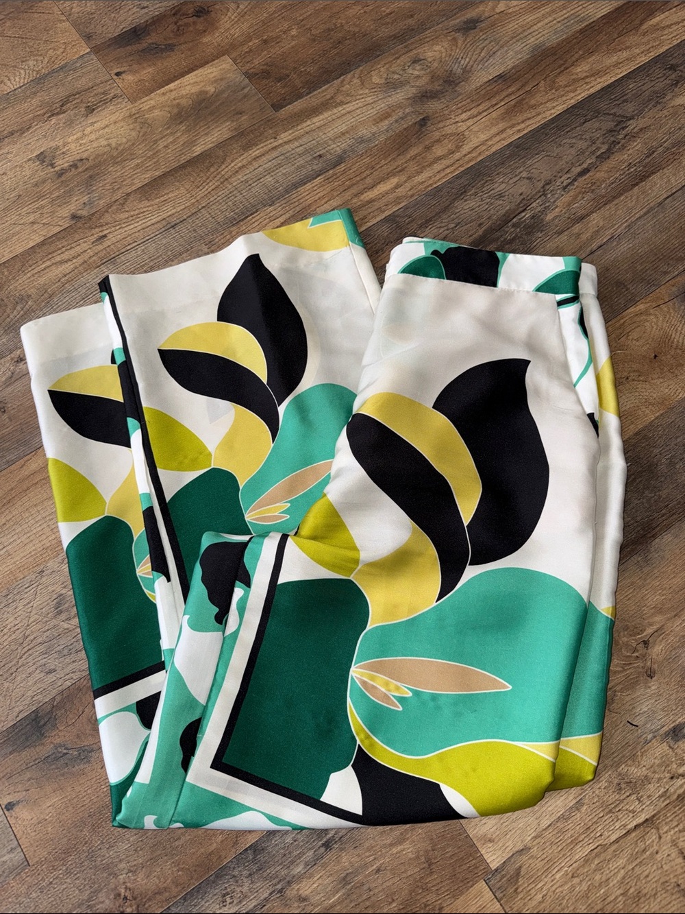Zara Cream Wide-Leg Pants with Green, Yellow & Black Floral Print